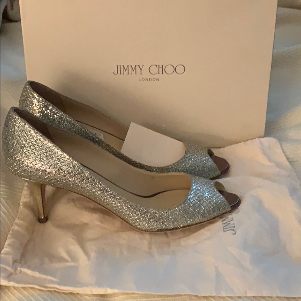 Jimmy Choo Glitter Peep Toe Heels in Champagne